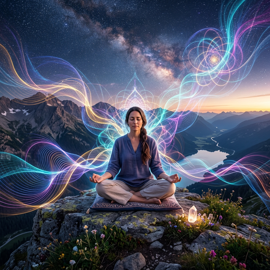 Woman meditating cross-legged on a mountain rock with colorful energy waves and a night sky