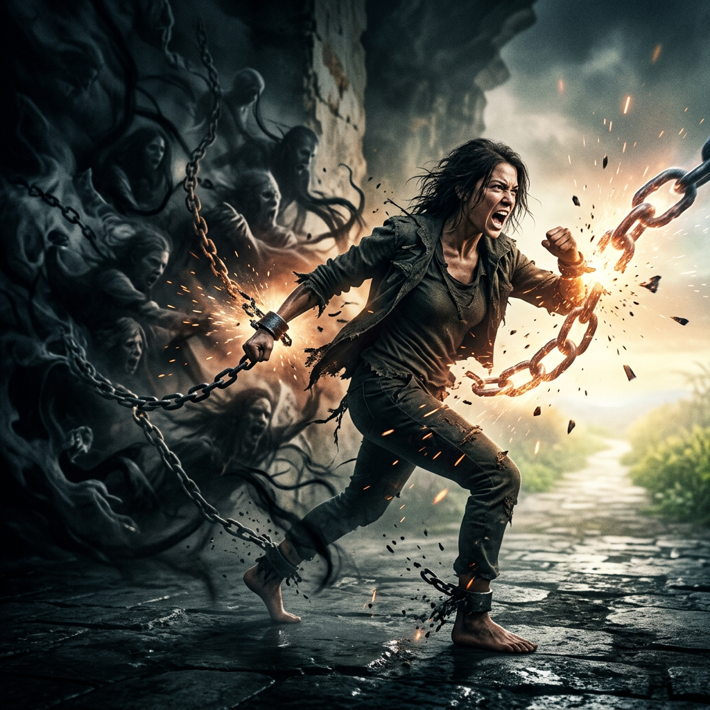 Woman breaking chains with fiery sparks and shadowy faces behind